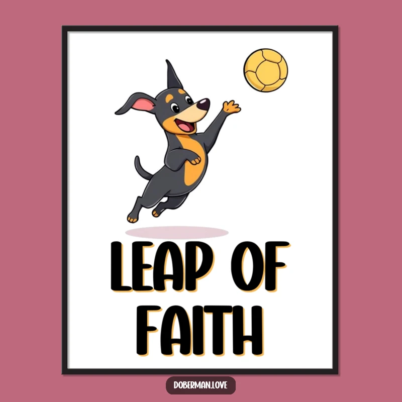 Funny Kawaii Doberman Digital Art, Playful Leaping Dog, Catching Ball - Instant Download