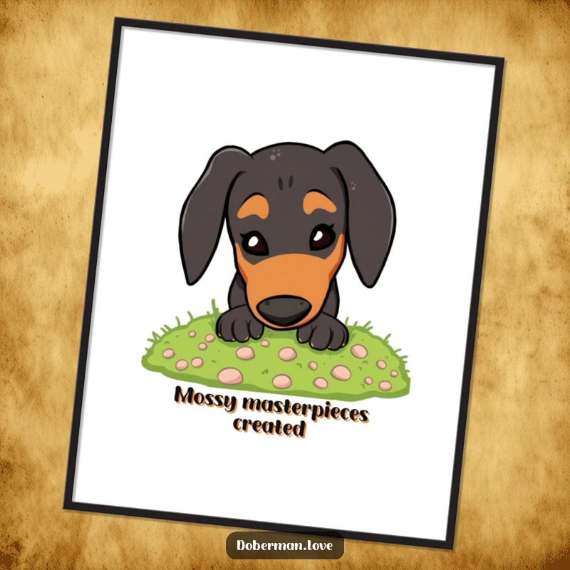 Funny Doberman Digital Art Print: Energetic dog digging enthusiastically in soft moss, humorous art.