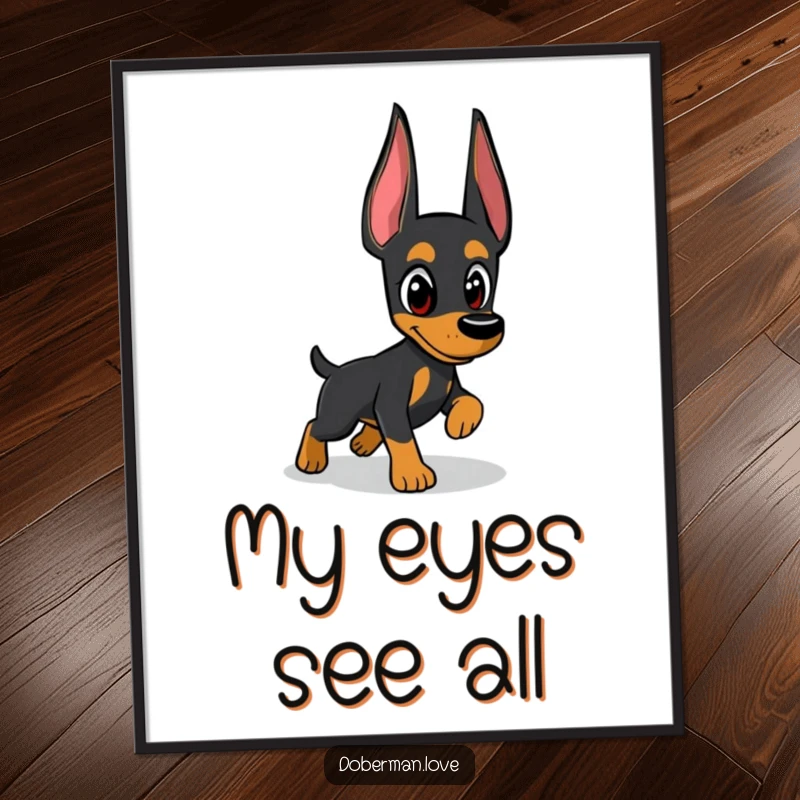 Funny Doberman digital art print capturing a dog's determined chase after a shadow with watchful eyes, a humorous and dynamic artwork.
