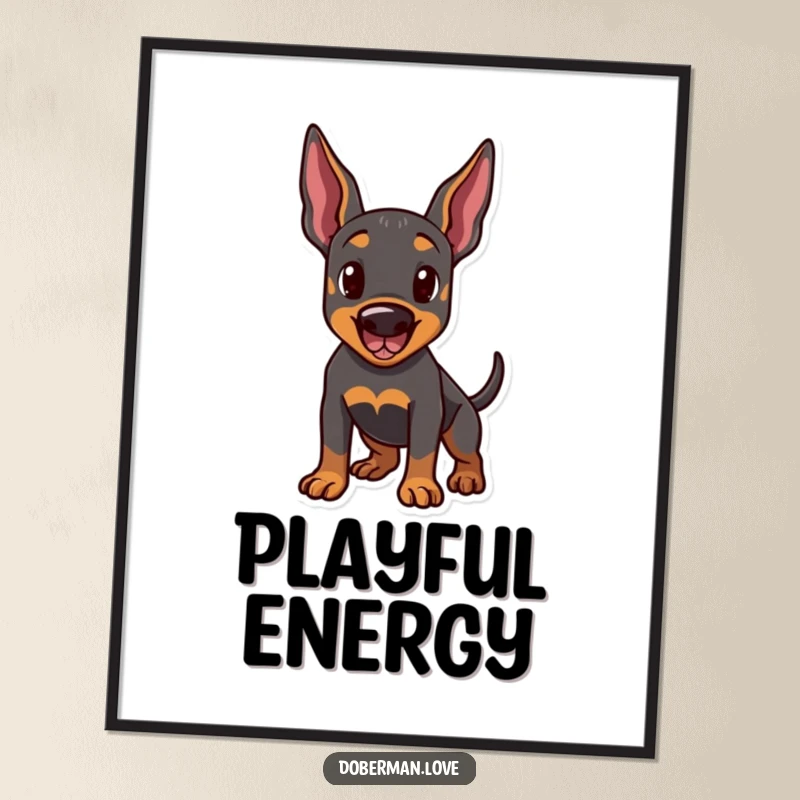 Funny digital art print of a Doberman dog in a playful stance, ears perked and tail wagging. Instant whimsical wall decor and humorous dog art.
