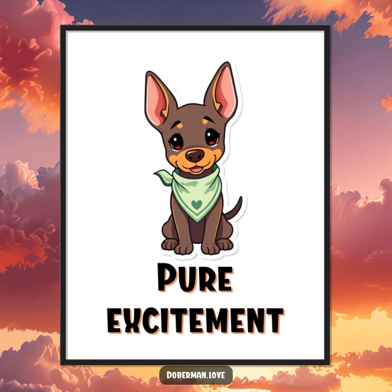 Funny Kawaii Doberman Digital Art Print with a bandana and wagging tail, for instant happy humor.