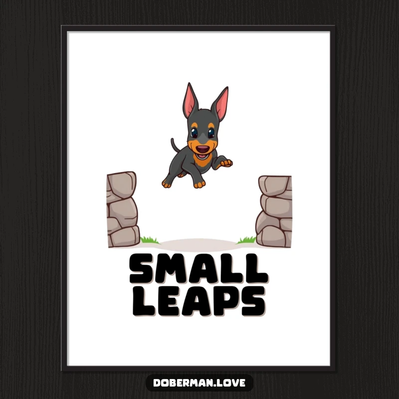 Funny digital art print of a small Doberman puppy attempting a wobbly jump, radiating cute determination and endearing struggle.