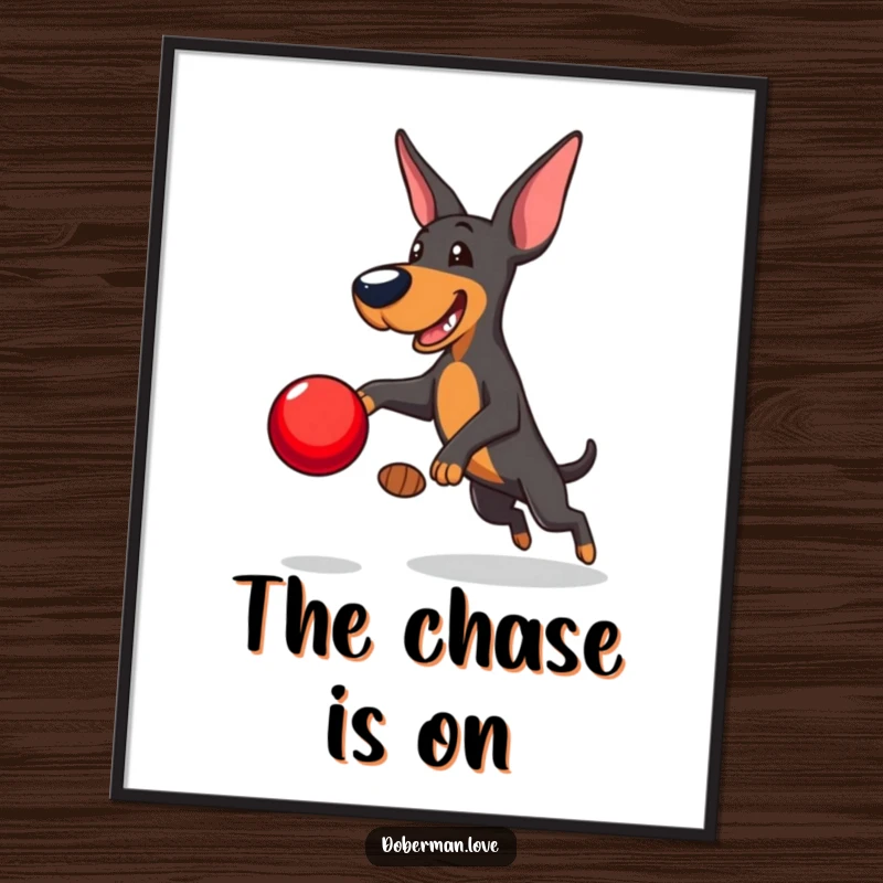 Funny Doberman Digital Art Print: Playful Doberman leaping to catch a red ball, high-quality humorous canine artwork for instant download.