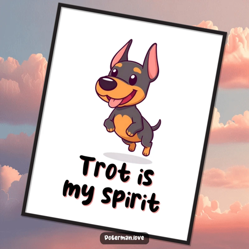 Funny digital art print of a chubby Doberman dog joyfully performing a wobbly trot, adding humor to any digital display.