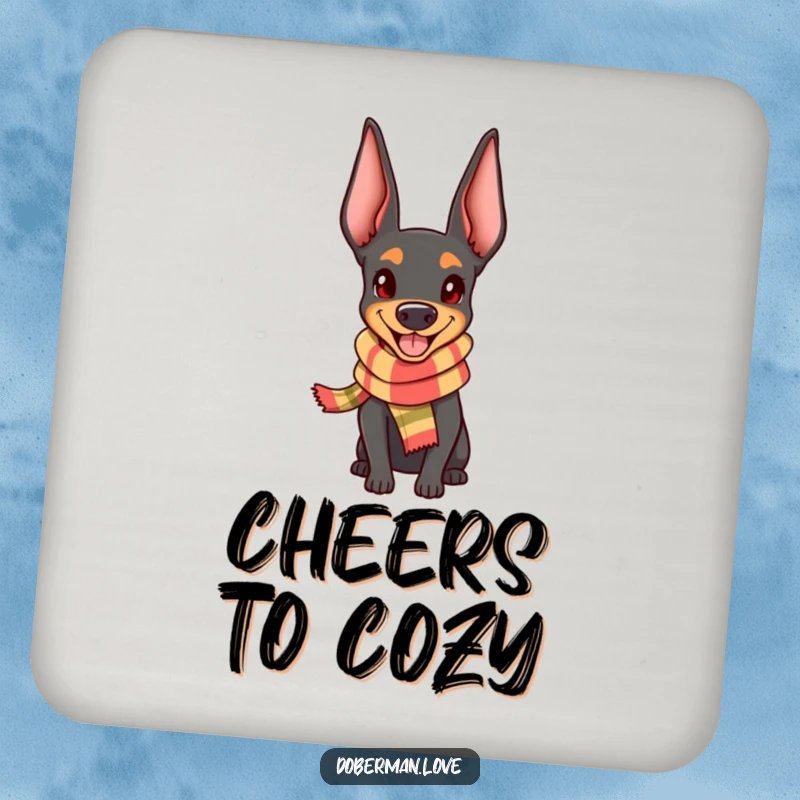 Funny Doberman Coaster: Cute kawaii dog wearing a tiny scarf, looking happy, a humorous and protective accessory.
