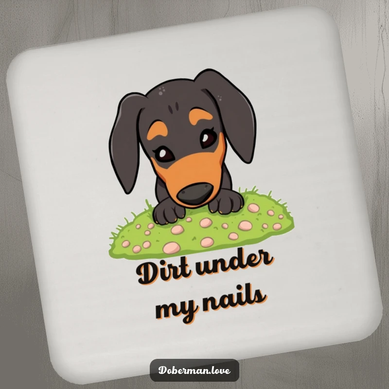 Funny Doberman Coaster: Energetic dog digging in moss, a humorous coaster for drink protection.