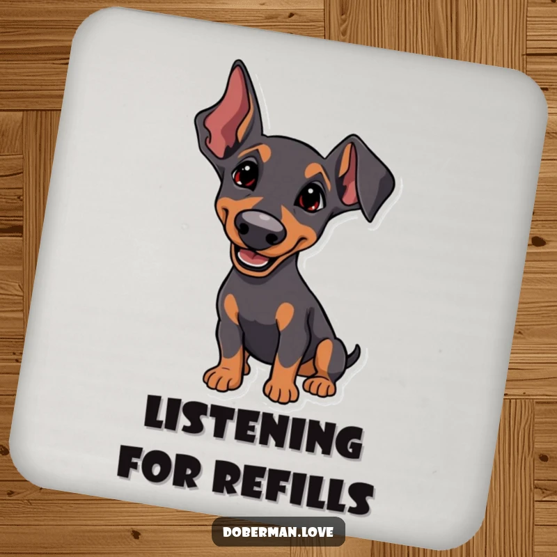 Funny Coaster showcasing a Doberman with perked ears, listening intently with a happy tilt, protecting surfaces with focused charm.