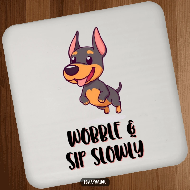 Funny coaster featuring a chubby Doberman dog in a comical wobbly trot, protecting surfaces with style and humor.