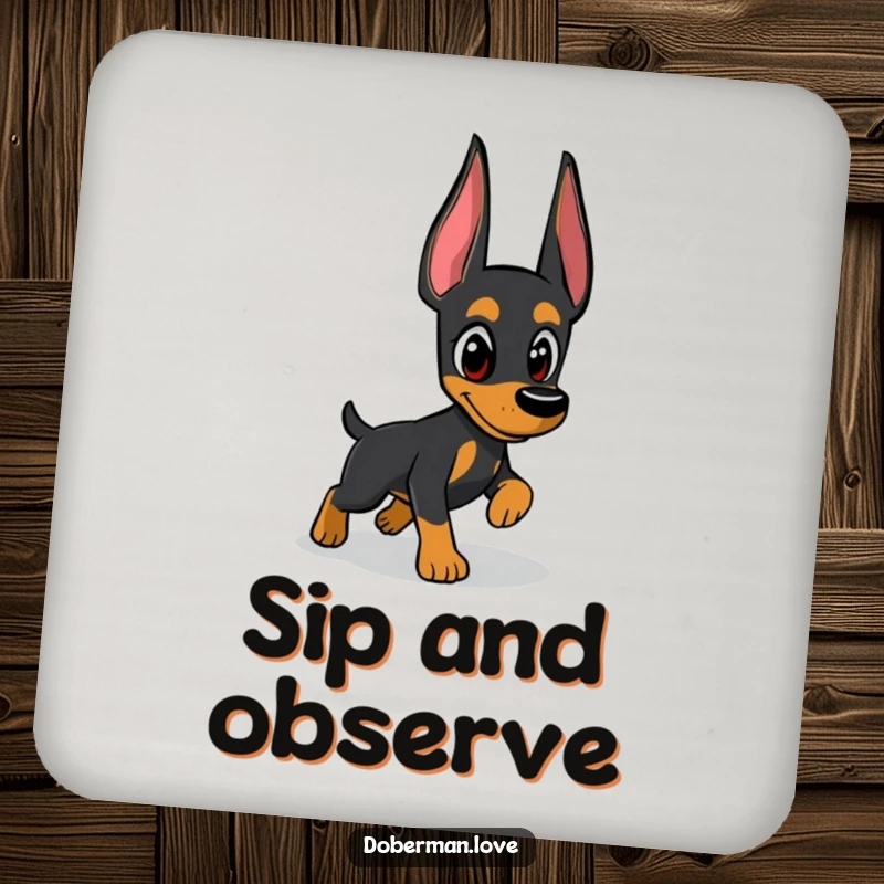 Funny Doberman coaster featuring a dog with intense focus, humorously chasing a fleeting shadow, protecting surfaces with canine charm.