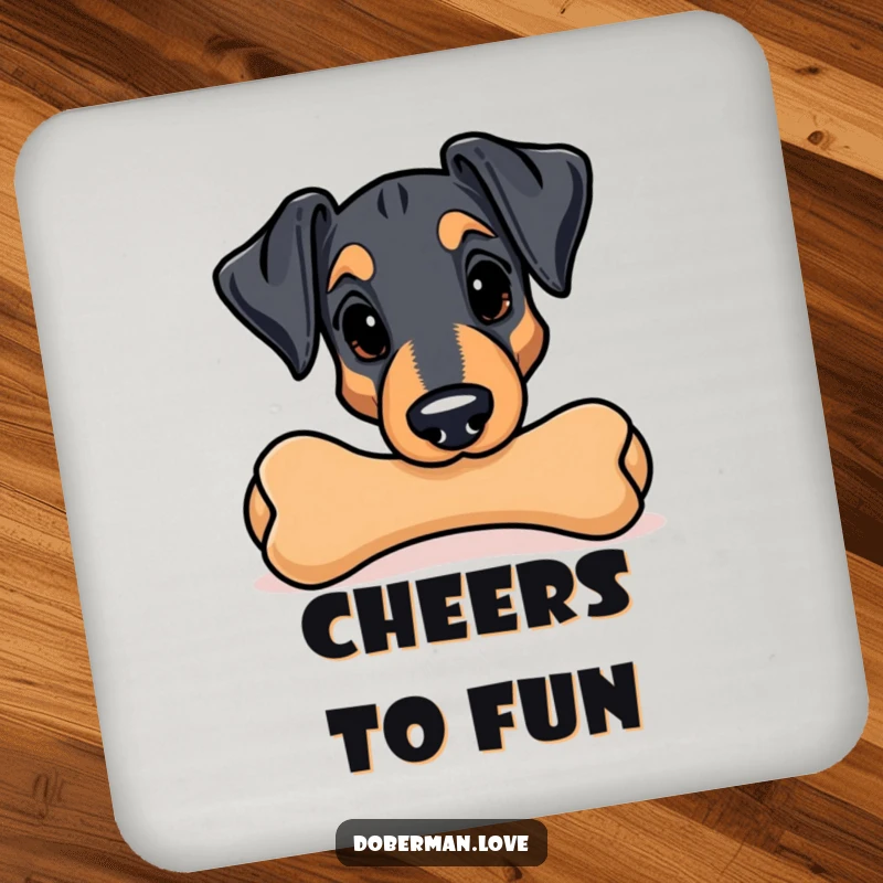 Funny Kawaii Doberman coaster; a playful dog peeking from behind a chew toy, offering protection and a chuckle.