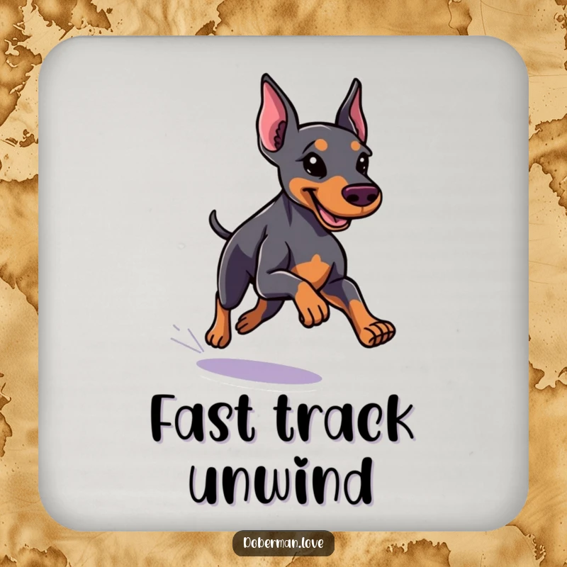 Funny little Doberman coaster featuring a dog with a sleek coat running with speed, protecting surfaces with canine dynamism and humor.