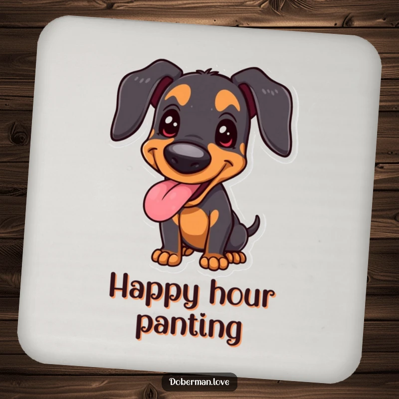 Funny joyful Doberman coaster featuring a happy panting dog in a proud stance, protecting surfaces with canine contentment and humor.