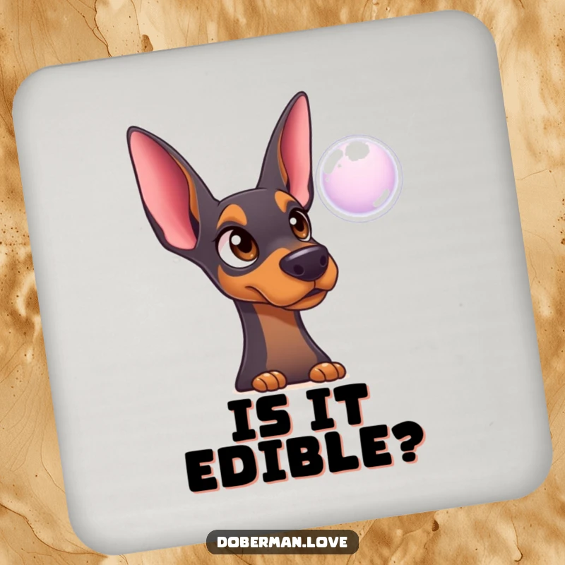 Funny Doberman Coaster: Surprised innocent dog watching a bubble, a humorous coaster for surface protection.