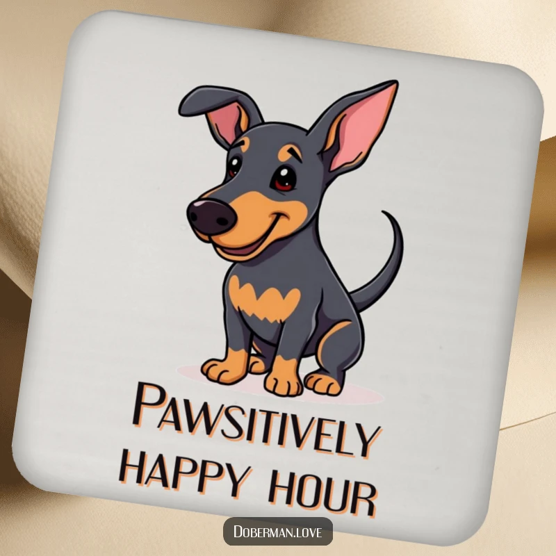 Funny Coaster showcasing an enthusiastic Doberman wagging its tail and smiling, protecting surfaces with happy dog charm.