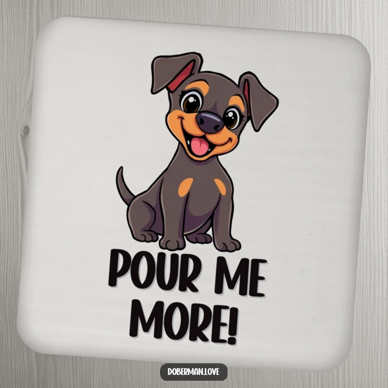 Funny kawaii Doberman drink coasters with wide, excited eyes and a vigorously wagging tail, adding energetic charm to surfaces.
