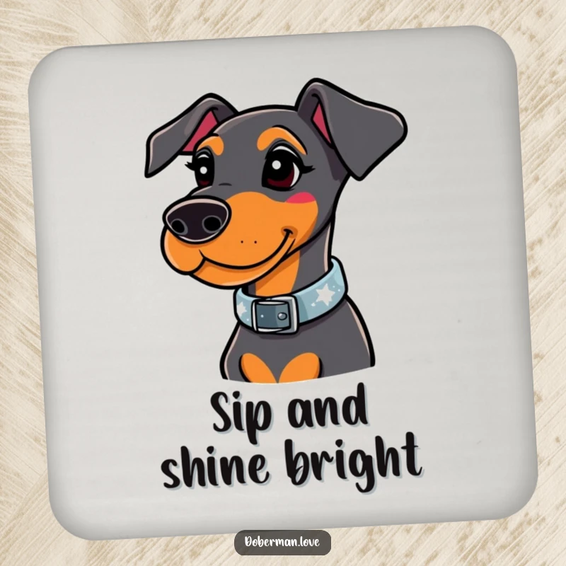 Funny doberman coaster set featuring a whimsical dog wearing a stylish collar that sparkles brightly, adding a touch of glamour.