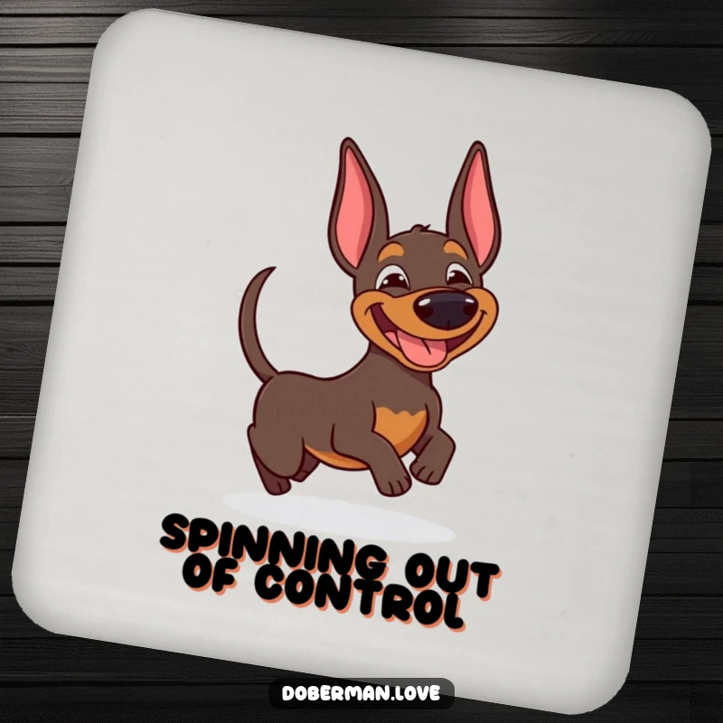 Funny Doberman coasters showing a happy dog with a wide grin, playfully chasing its own wagging tail.