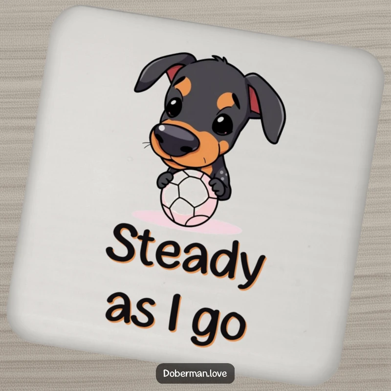 Funny Kawaii Doberman Coaster showing a dog balancing a small ball on its snout, for tabletop humor.