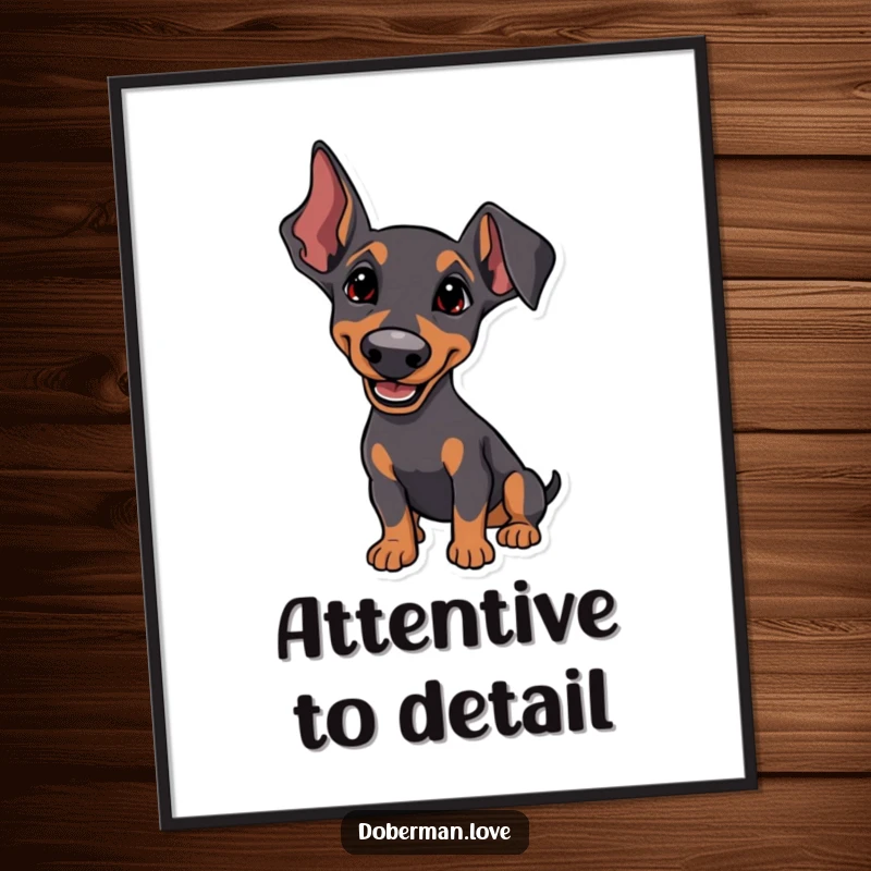 Funny Poster featuring a Doberman with perked ears, listening intently with a happy tilt, capturing a moment of focused curiosity.