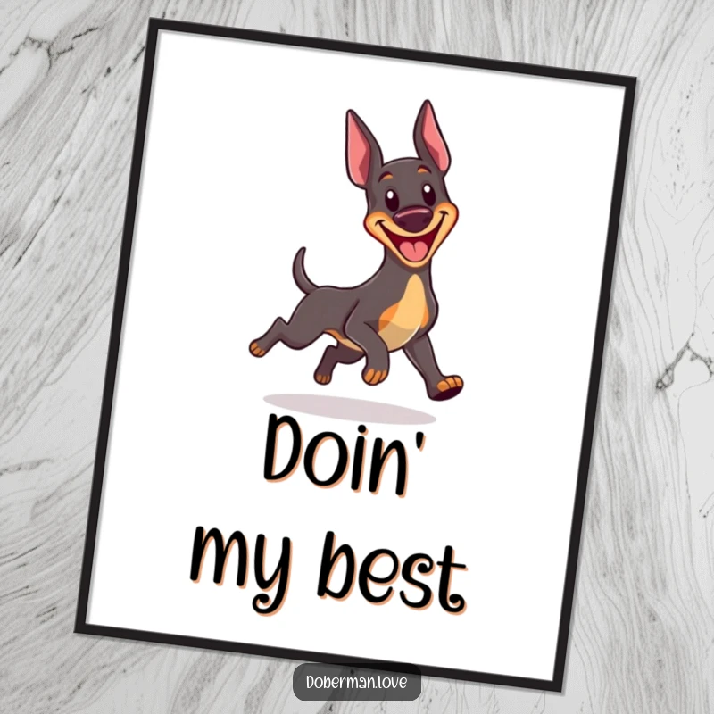 Funny Kawaii Doberman poster print of a joyful dog with a big grin, caught in a comical loop chasing its own tail, energetic artwork.