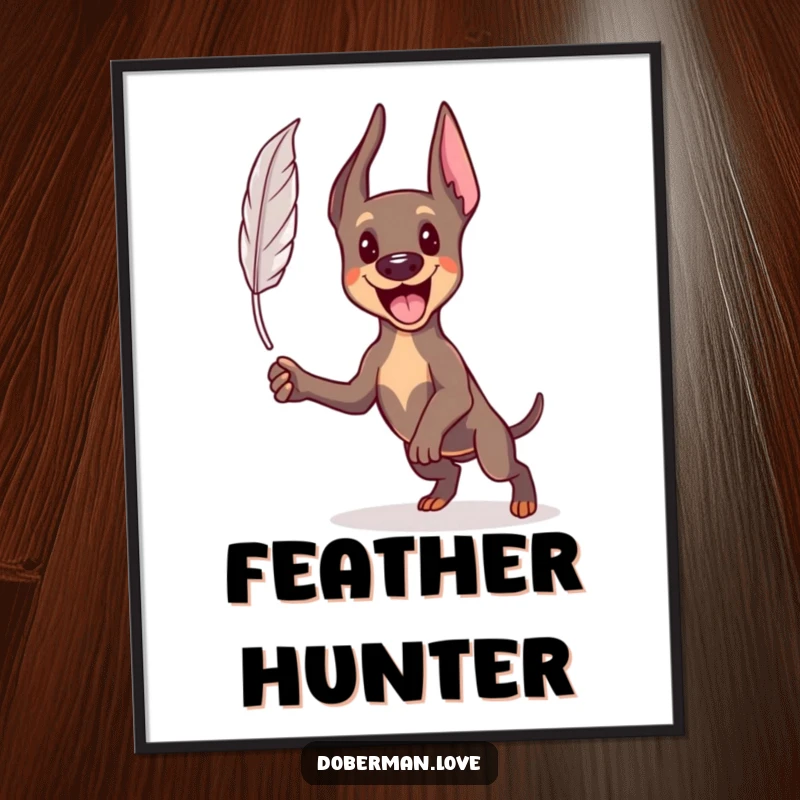 Funny Kawaii Doberman poster print of an energetic dog joyfully leaping to catch a floating feather, full of action and spirit.