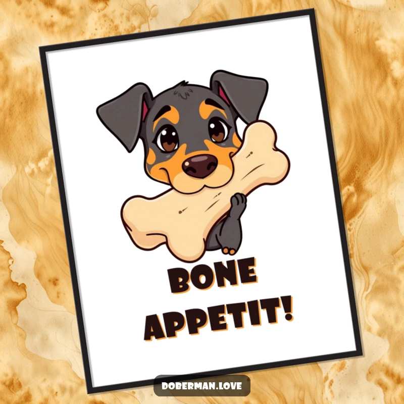 Funny Doberman Poster: Cute kawaii dog with curious eyes sniffing a giant bone, showing playful investigation.