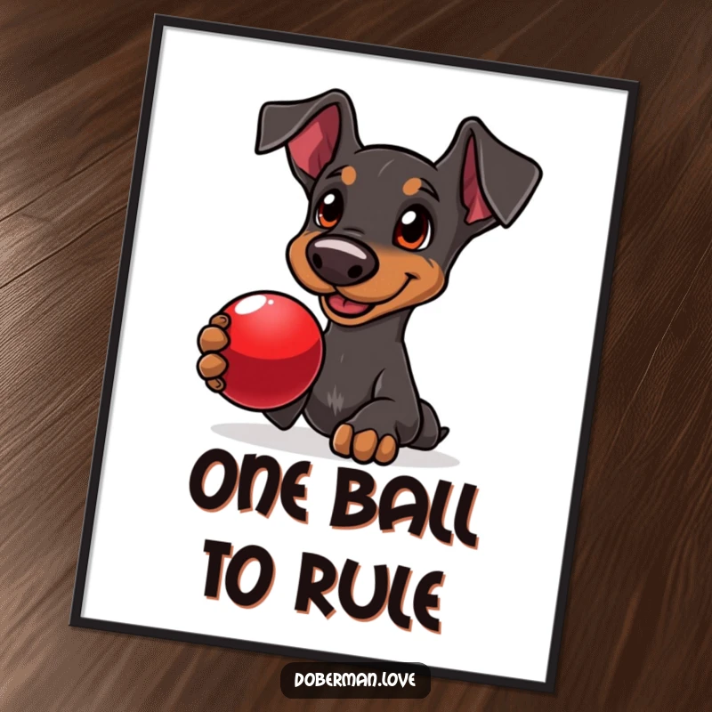 Funny Doberman poster featuring a delighted dog with adoring eyes, holding a shiny red ball, ready to play fetch.