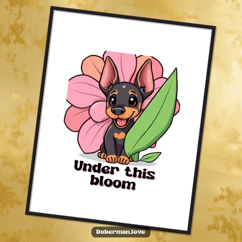Funny Doberman cub's head peeking playfully from behind a large, brightly colored flower, emphasizing its innocent joy.