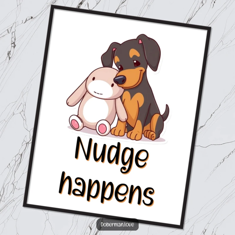 Funny Doberman playfully nudging a large soft toy, perfect humorous wall art for any dog lover's room.