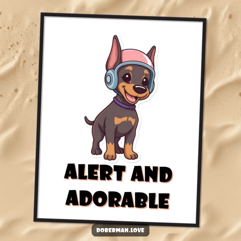 Funny Doberman puppy poster art of a smiling puppy wearing a helmet, standing alert and exuding cute, protective energy for any space.
