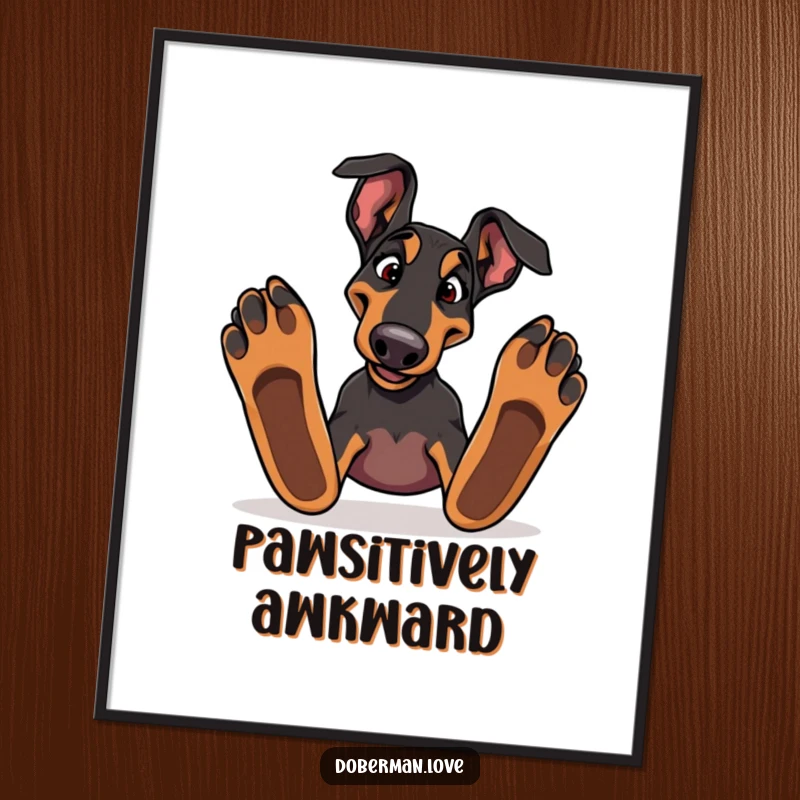 Funny Doberman dog tripping over its big paws on a wall poster, bringing comedic canine charm.