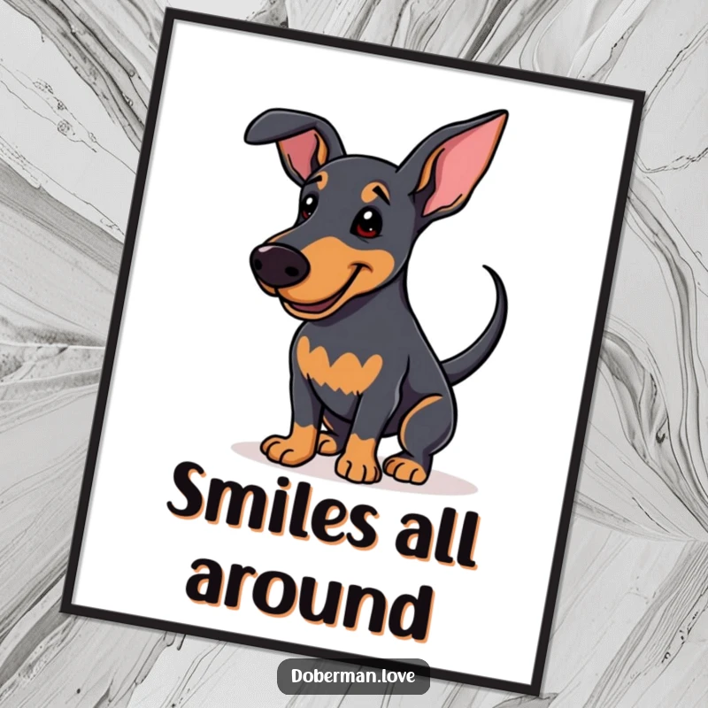 Funny Poster featuring an enthusiastic Doberman wagging its tail with a soft smile, exuding happiness and canine charm.