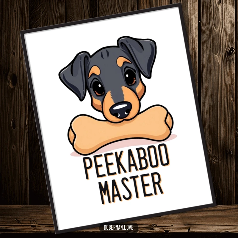 Funny Kawaii Doberman poster; a cute pup peeks from behind a big chew toy, creating a delightful and humorous scene.