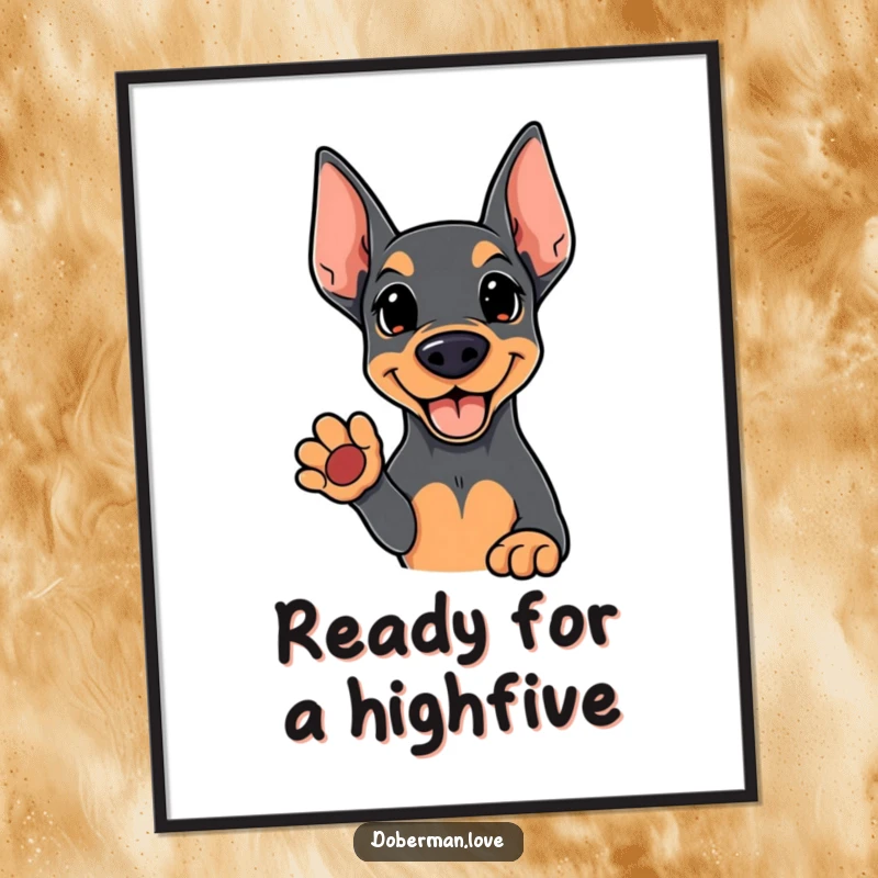 Funny Kawaii Doberman poster showcasing a cute dog's open paw gesture, adding a heartwarming and humorous touch to any room.
