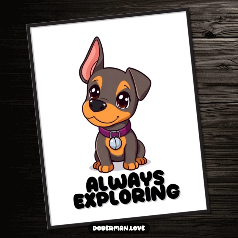 Funny Doberman Poster featuring a kawaii doberman pup with a tiny bell collar, looking curiously, inviting a sense of wonder.
