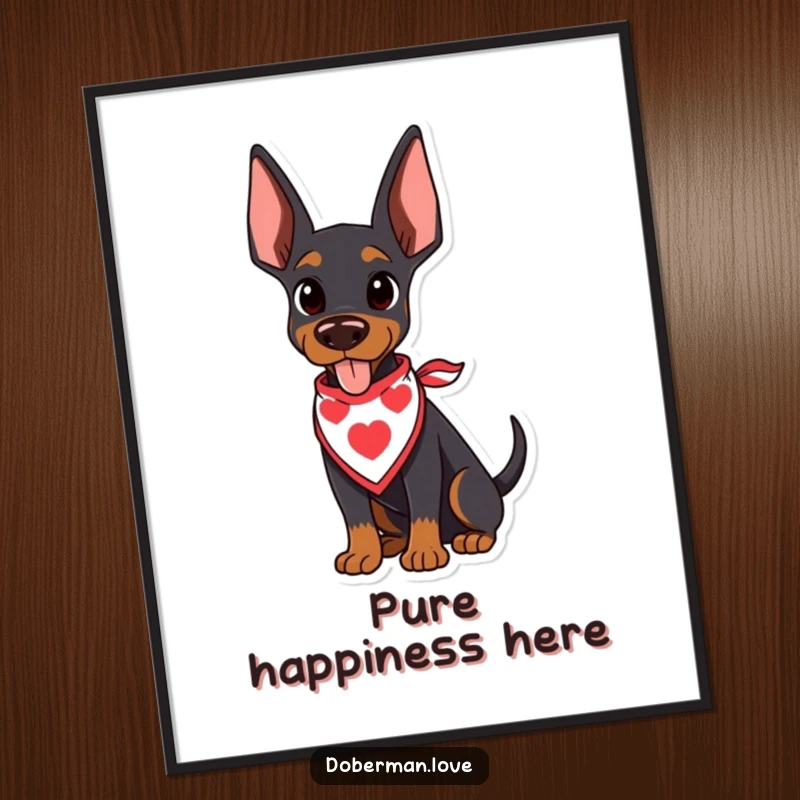 Funny Doberman Poster featuring a kawaii doberman puppy in a cute bandana, its tail wagging enthusiastically, radiating happiness.