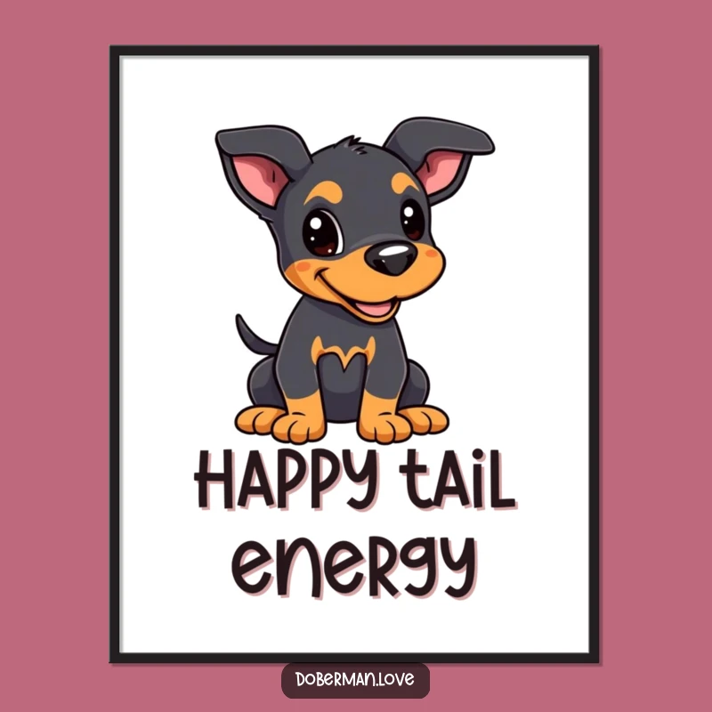 Funny Kawaii Doberman Puppy Poster: Joyful Alert Dog Art Gift!