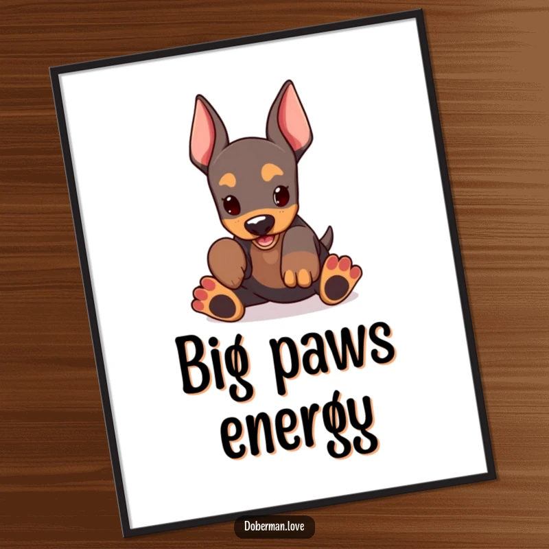 Funny Doberman Puppy Poster with a kawaii doberman pup featuring oversized paws, caught mid-play in a hilarious and heartwarming scene.