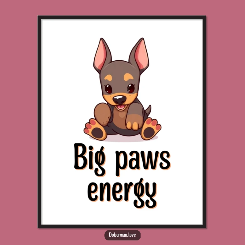 Funny Kawaii Doberman Puppy Poster: Oversized Paws Playing, Wall Art Gift