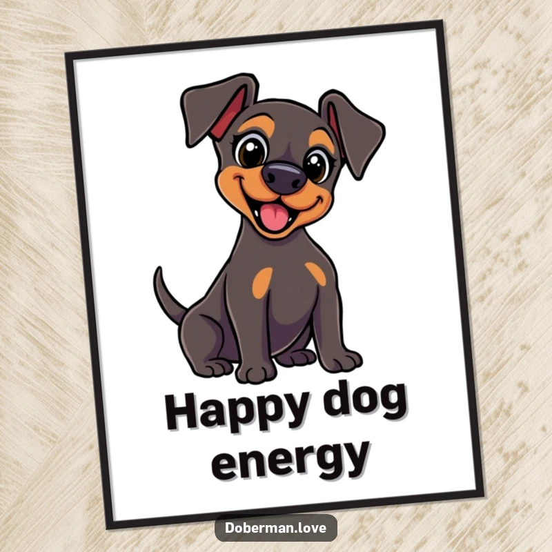 Funny kawaii Doberman poster with wide, excited eyes and a vigorously wagging tail, radiating pure canine happiness and energy.