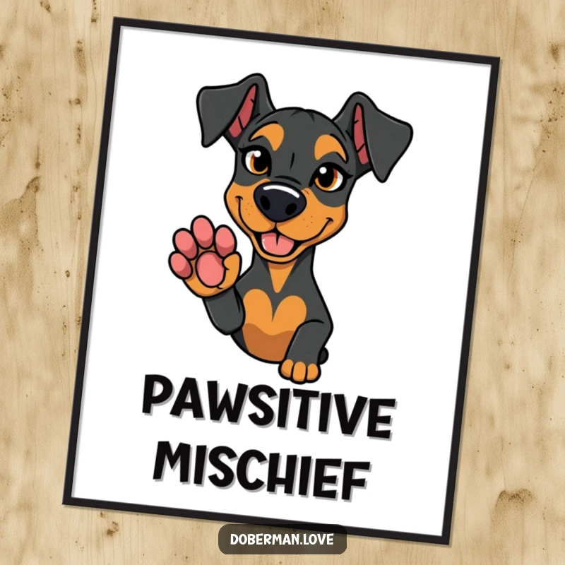 Funny Doberman poster showcasing a dog with a mischievous glint, offering its paw for a playful pact.