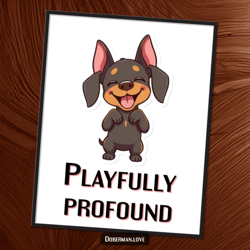 Funny Doberman poster showing a joyful dog with closed eyes, performing a delightful and playful bow with pure happiness.
