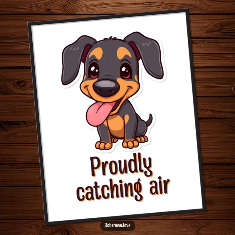 Funny joyful Doberman poster of a dog panting happily with a proud stance, conveying pure contentment and humor.