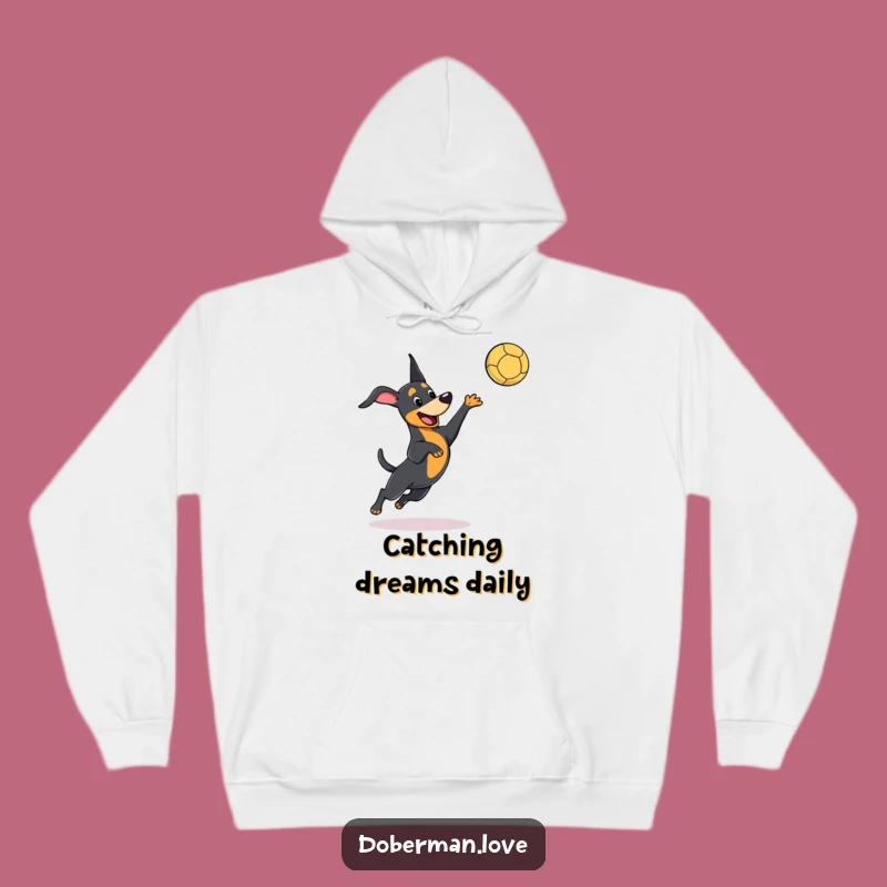 Funny Kawaii Doberman Hoodie, Playful Leaping Dog, Catching Ball - Cozy & Cute