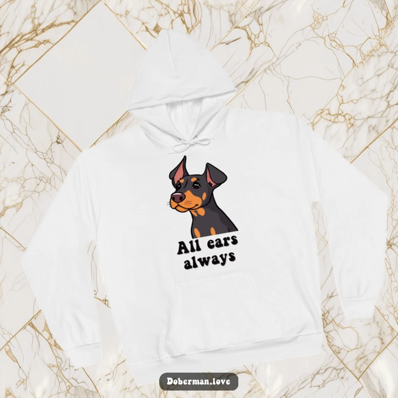 Funny Doberman wearing a hoodie, ears alert and perked, capturing its focused and curious demeanor.