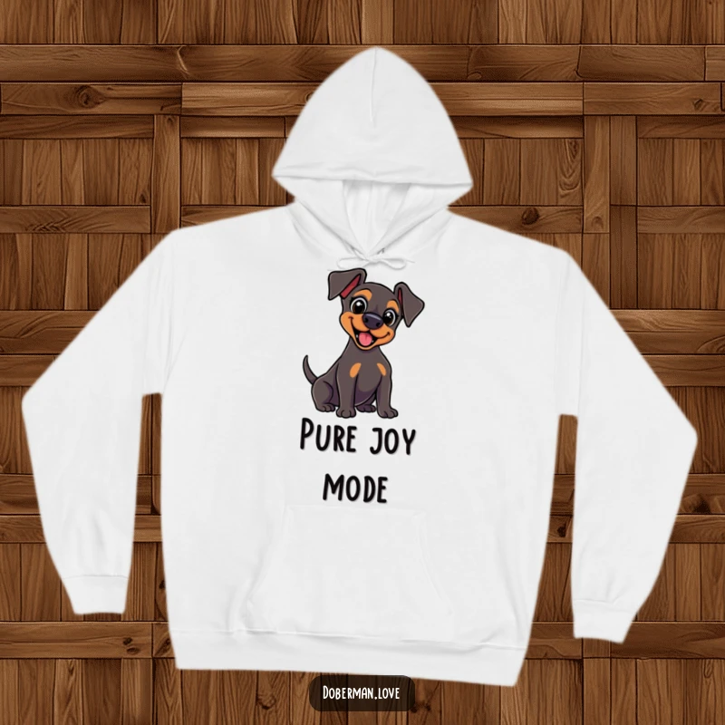 Funny kawaii Doberman hoodie with wide, excited eyes and a vigorously wagging tail, offering warmth and energetic charm.