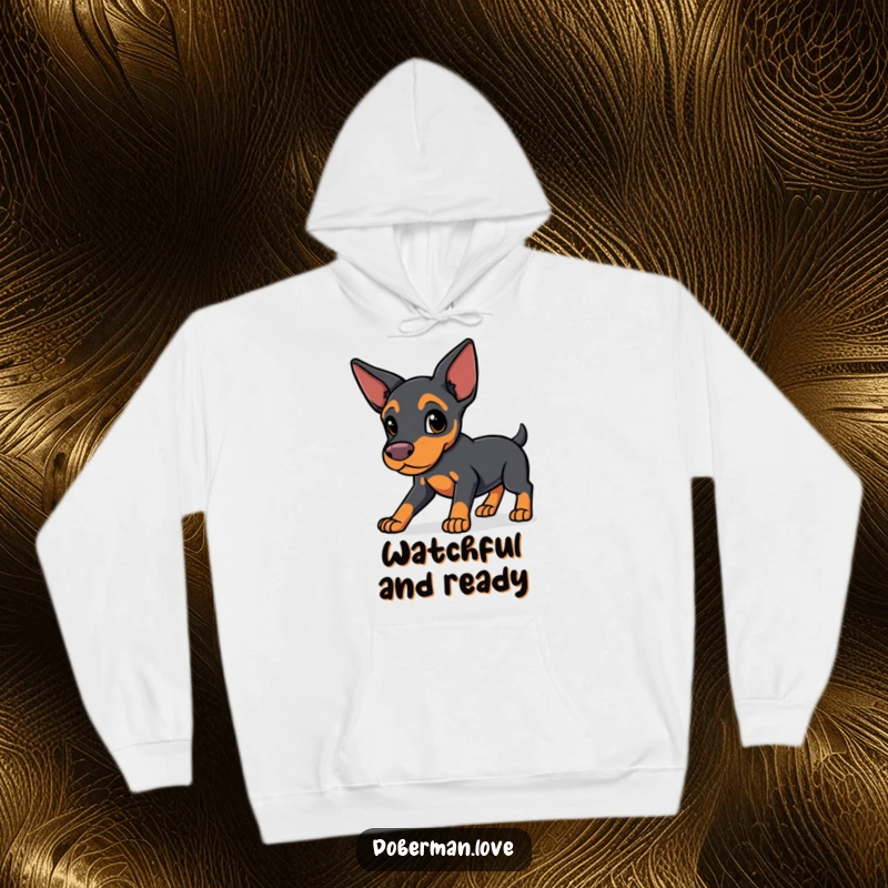 Funny Protective Doberman Hoodie: a sleek-eared kawaii dog in a protective stance, offering warmth and a sense of vigilant charm.