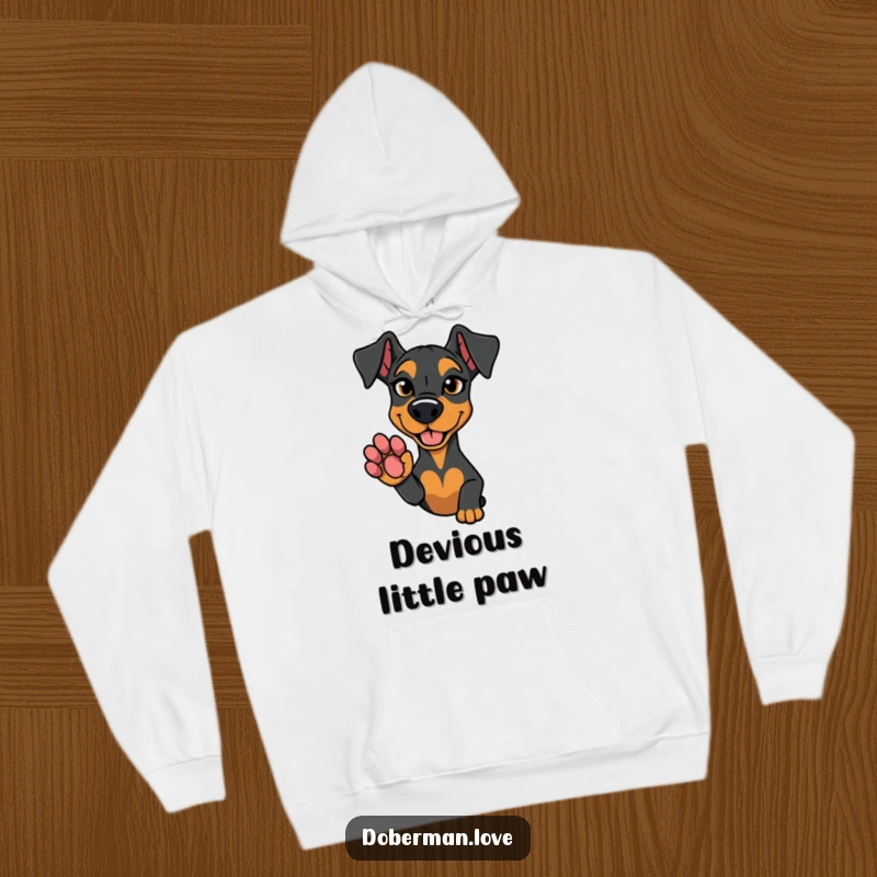 Funny hoodie featuring a Doberman dog with a mischievous glint, extending its paw in a playful offer.