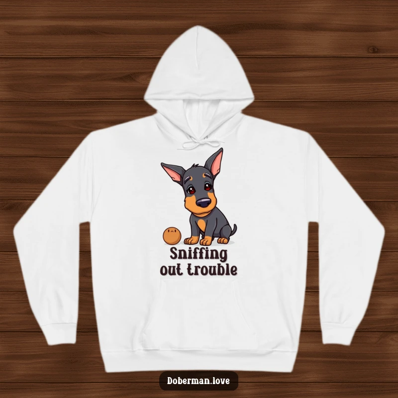 Funny Doberman hoodie featuring a dog with a tilted head, sniffing a strange object, exuding a humorous and investigative vibe.
