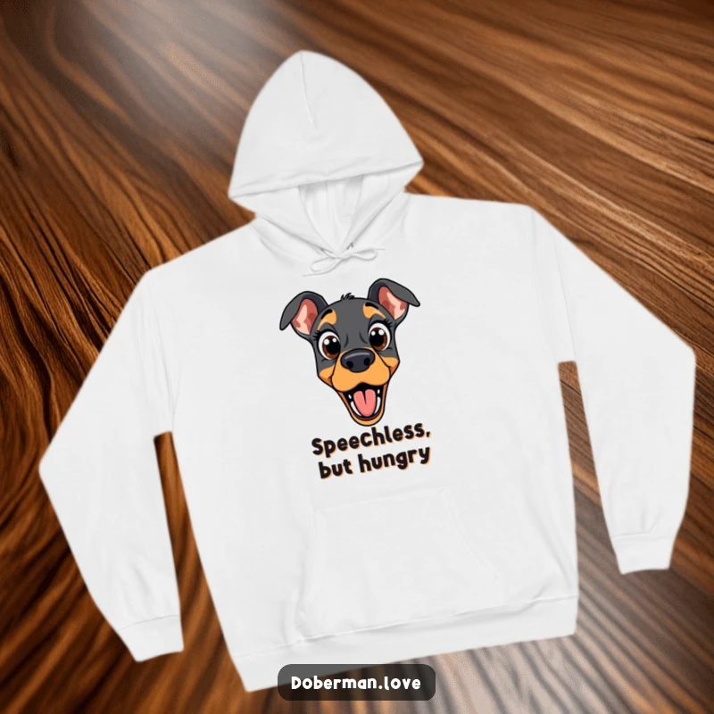 Funny doberman hoodie depicting a dog with wide eyes and an open mouth, embodying hilarious and unexpected surprise.